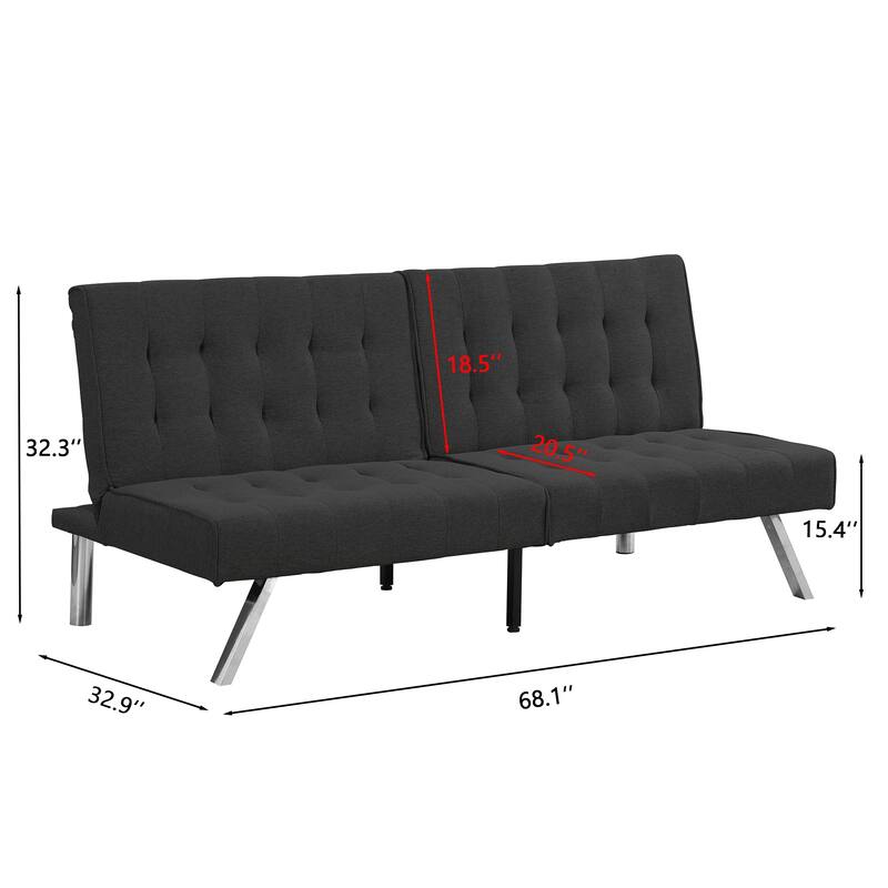 Multifunctional Black Fabric Futon Sofa Bed, 68x33x32 inches