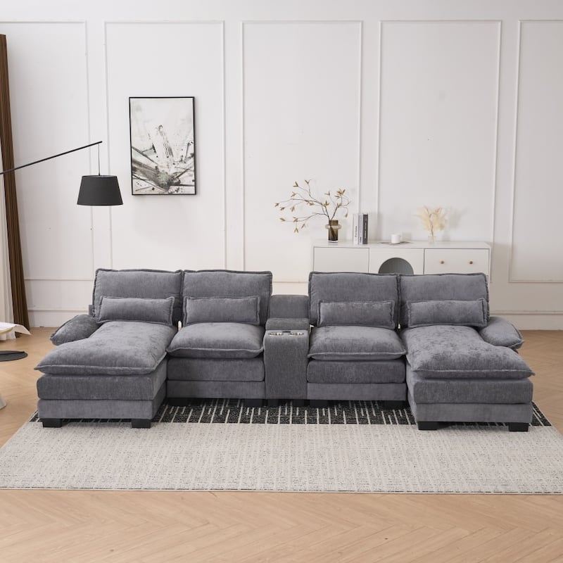 U-shaped Modern Upholstered Sectional Sofa with Storage and Cupholders, USB Ports - Grey