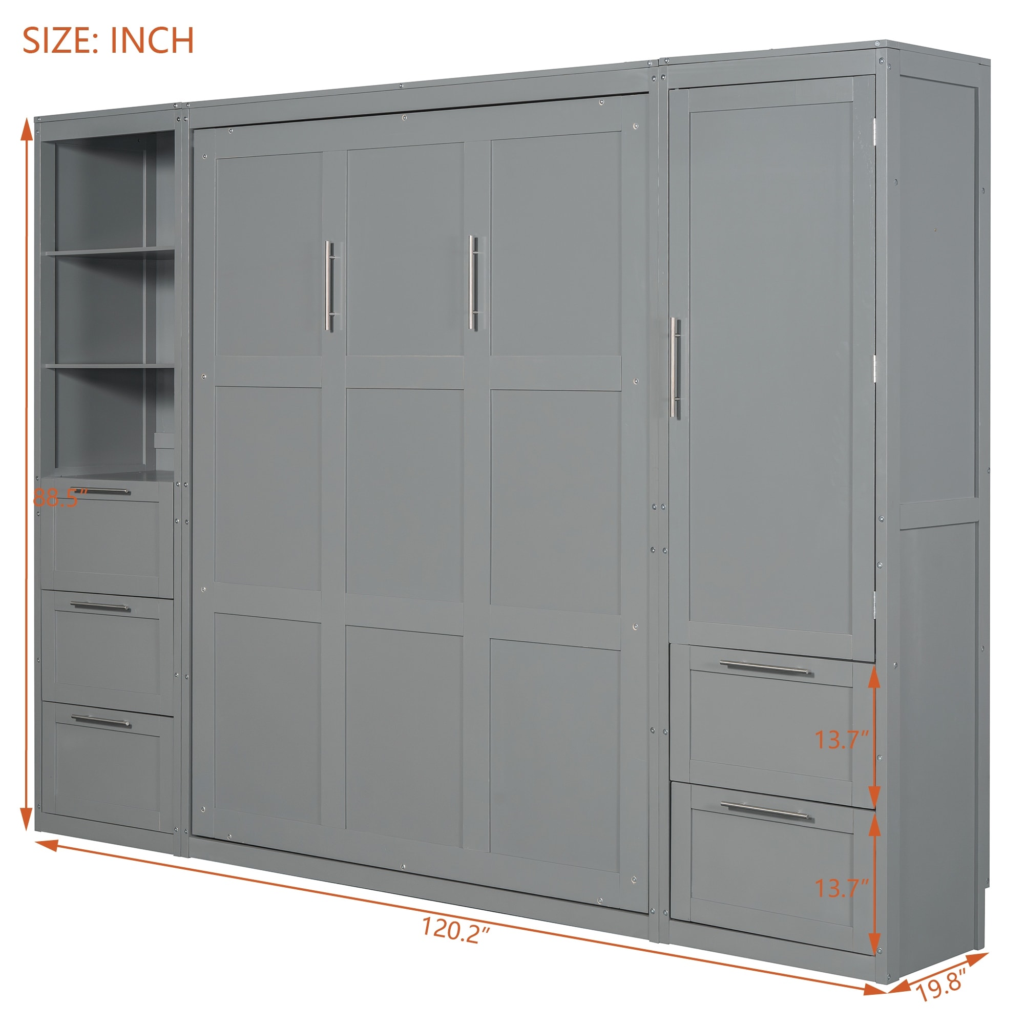 Grey Queen Murphy Wall Bed with Closet, Drawers, and Shelves
