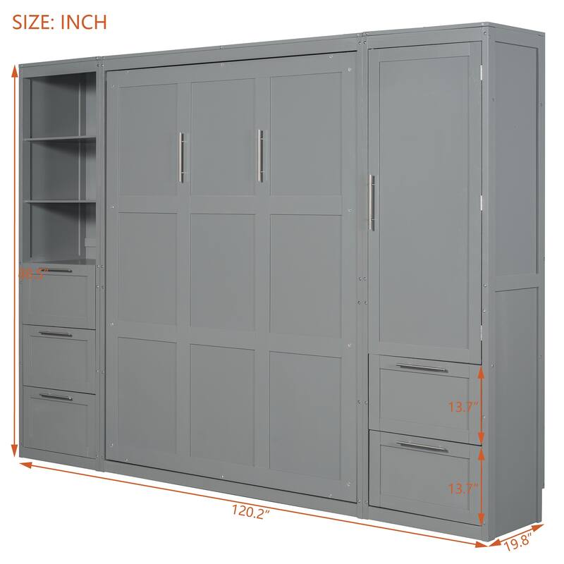 Queen Size Murphy Wall Bed with Built-In Closet, Drawers, and Shelves, Space-Saving Design