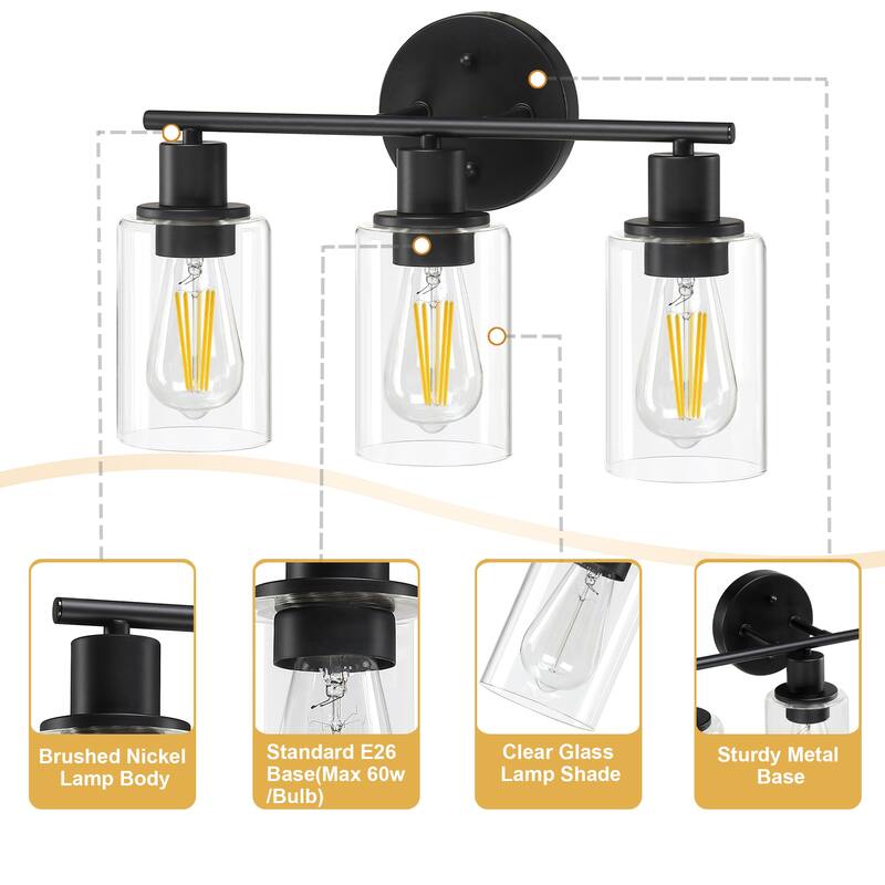 3-Light Glass Shade Bathroom Dimmable Vanity Light