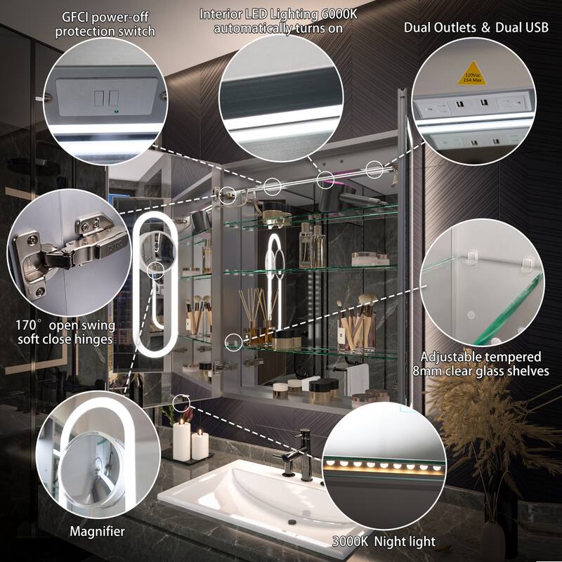 Modland 24"-42W x 36"H LED Medicine Cabinet Mirror with USB Charging,5x Makeup Mirror