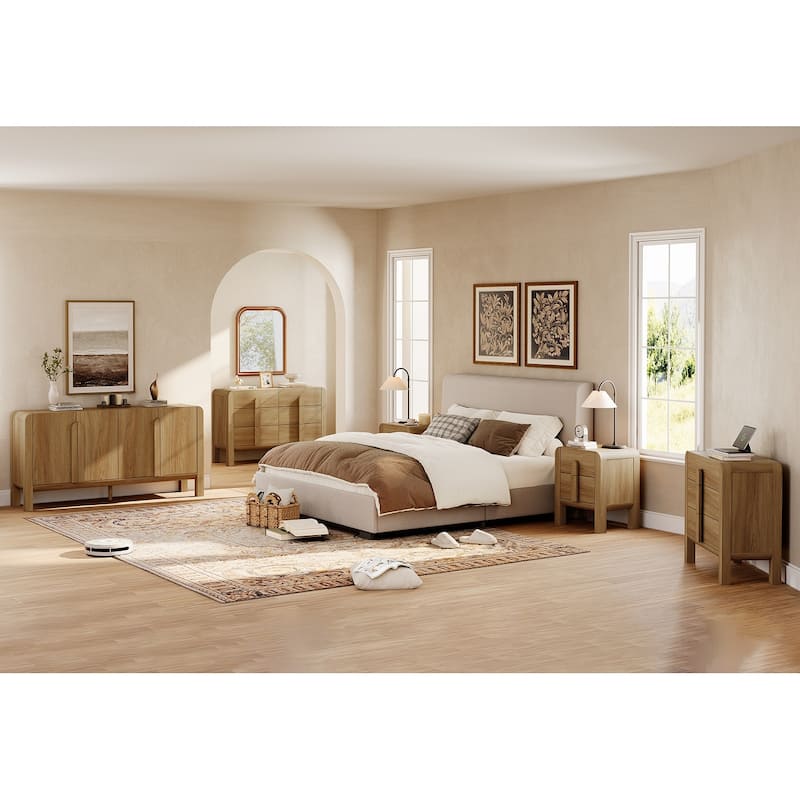 5 Pcs Wood Dresser and Nightstand Sets for Bedroom，Mid-Century Modern Bedroom Set with Curved Profile Design