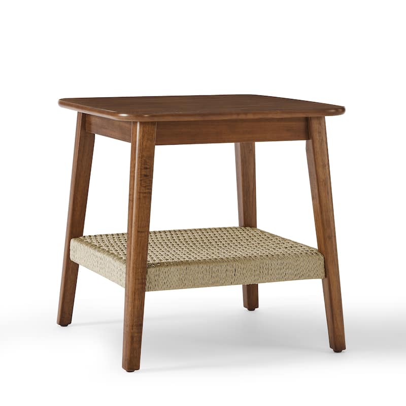 23" Mid-Century Side Table with Woven Shelf, Boho Side Table with Storage, Bedside Tables, Small Side Table