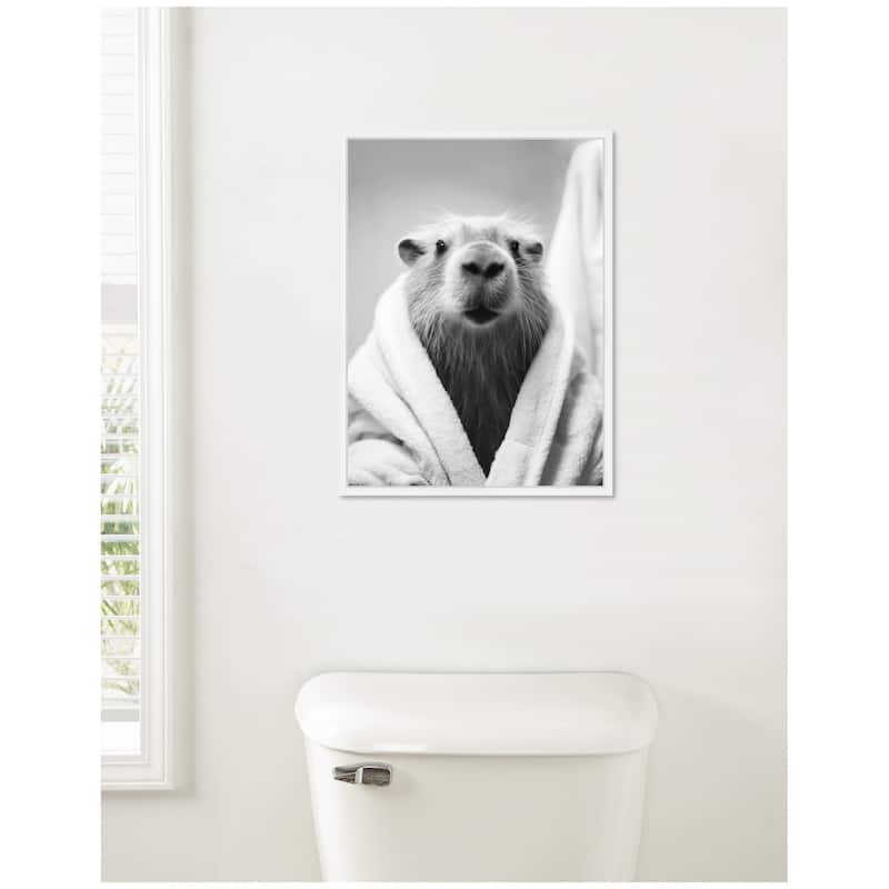 Kate and Laurel Sylvie Capybara Bathroom Art Towel Robe Black and White Framed Canvas by The Creative Bunch Studio