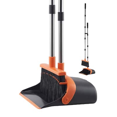 Black and Orange Stainless Steel Broom and Dustpan Set with Self-Cleaning Teeth and Adjustable Handles