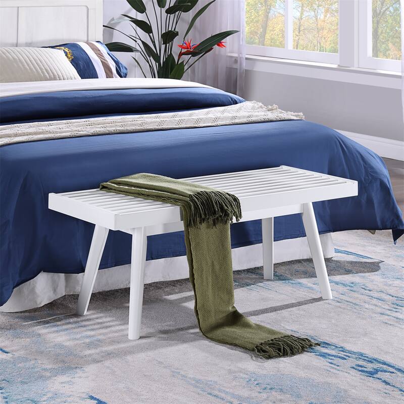 Solid Wood Slatted Bench - White