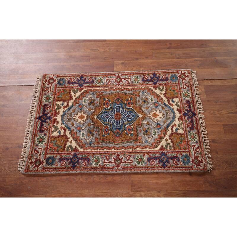 Geometric Heriz Serapi Indian Accent Rug Handmade Grey Wool Carpet - 2'1" x 3'2"