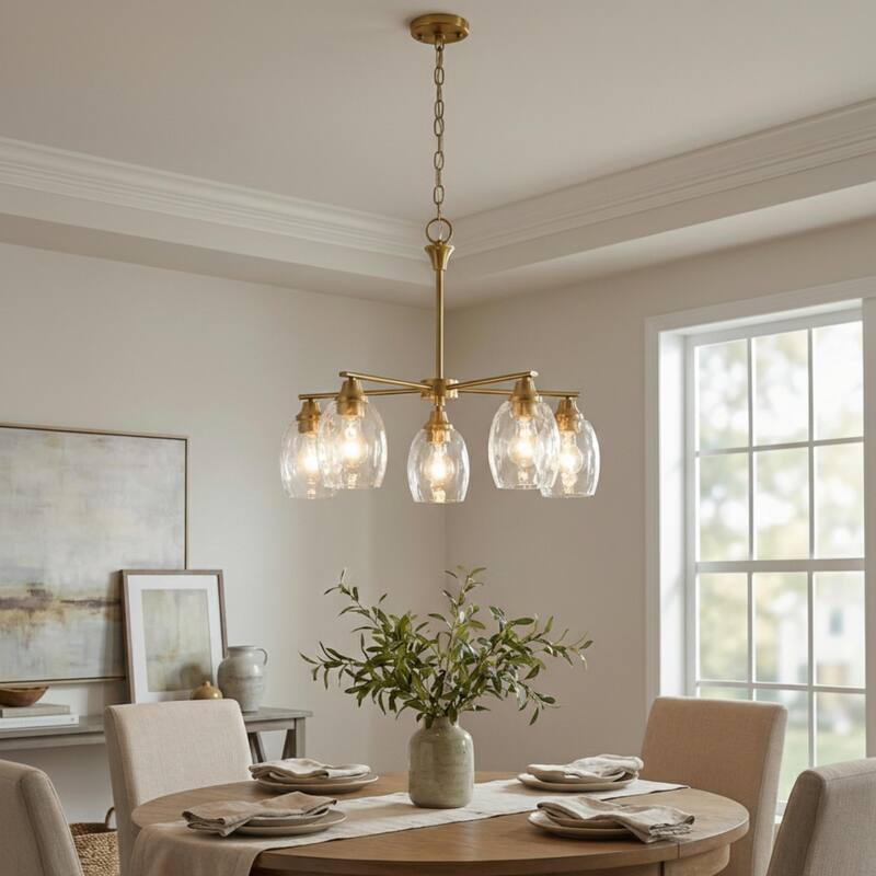 Emar Gold Brass 5-Light Chandelier with Clear Water Glass Shades - Gold