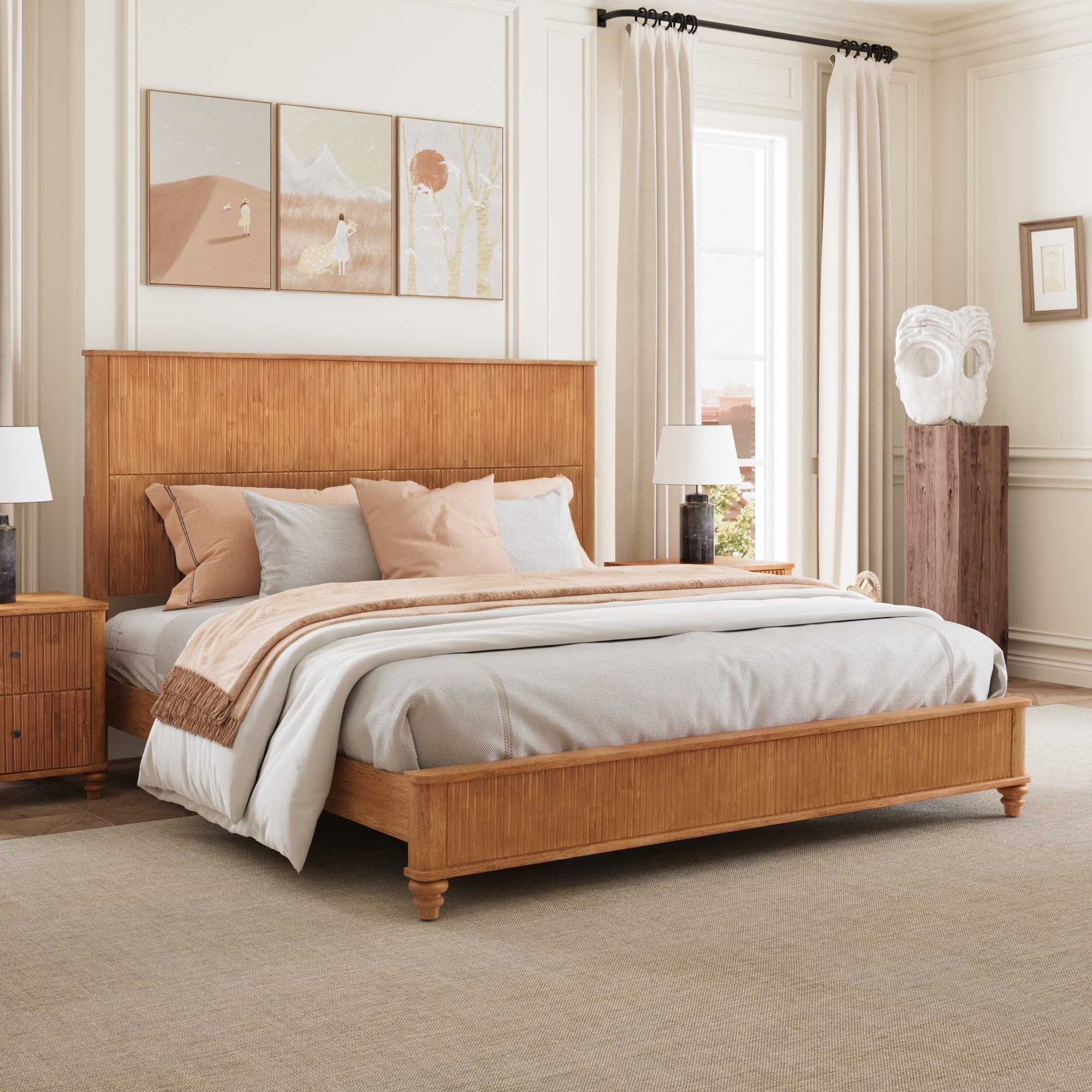 King Size Natural Platform Bed Frame with Wood Headboard