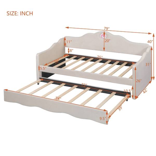 Twin Size Upholstered Platform Daybed with Wave-shaped Trundle, Beige