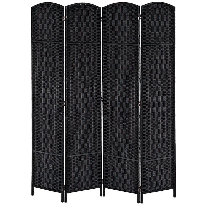 HomCom 6' Tall Wicker Weave Four Panel Room Divider Privacy Screen - Black Wood