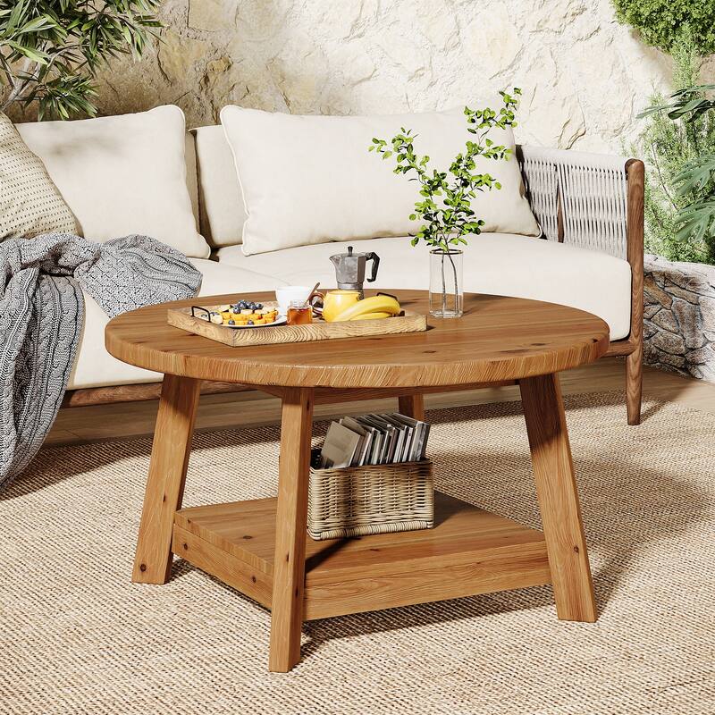 31.5 Inch Solid Wood Round Coffee Table with Storage