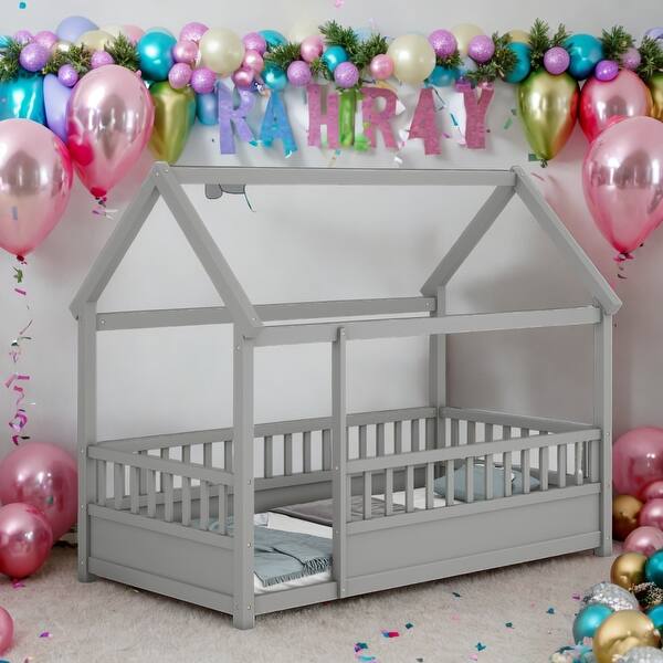 slide 2 of 11, Kids and Baby Twin Size Floor House Bed with House Roof Frame and Fence Guardrails