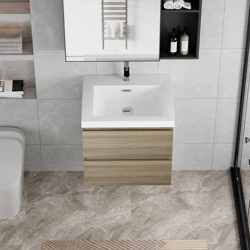 24" Wall-Mounted Floating Bathroom Vanity with Resin Sink, Soft Close Drawers, Natural Oak Cabinet, Pre-Assembled