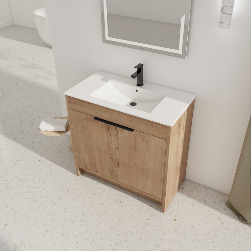 36" Freestanding Bathroom Vanity with White Ceramic Sink ,2 Soft-Close Cabinet Doors