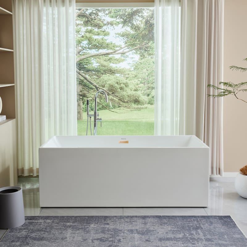 Vanity Art 67" Acrylic Freestanding Soaking Bathtub with Overflow and Pop-up Drain - 67" - White/Titanium Gold