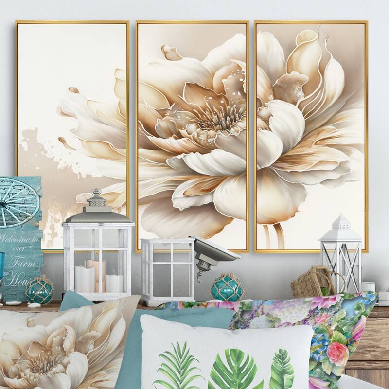 Designart "Blooming Beige Floral Design I" Floral Framed Canvas Art Print - 3 Panels - 36 in. wide x 28 in. high - 3 Panels - Gold
