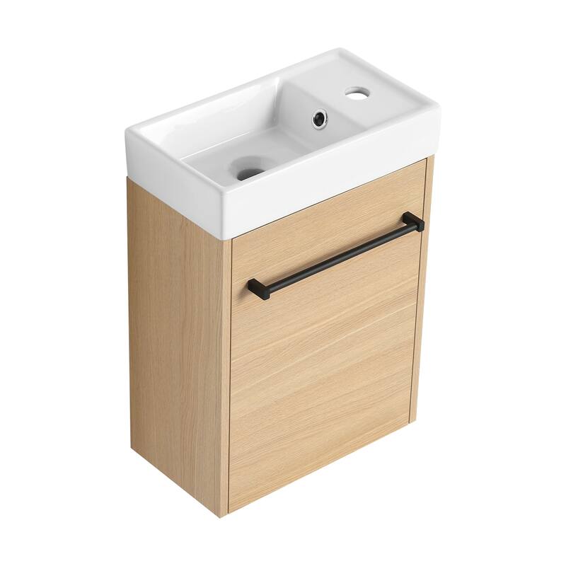 16" Wall-Mounted Bathroom Vanity with Carrara White Ceramic Sink, Soft-Close Doors, and Ample Storage