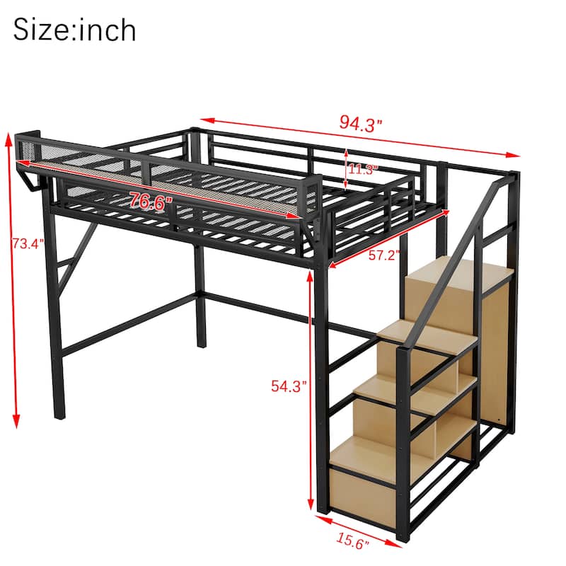 Full Size Metal Loft Bed with Stairs, Storage Shelves,Wardrobe