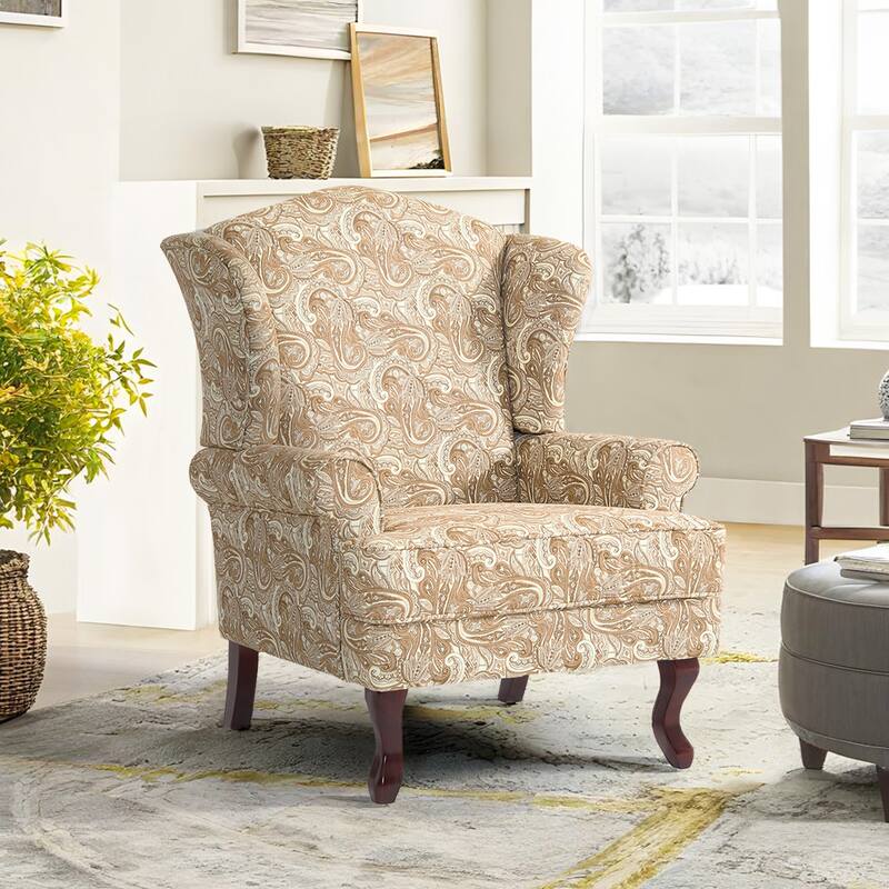 Classic Wingback Accent Chair for Living Room - 1-Piece - Paisley Sand/ Cotton