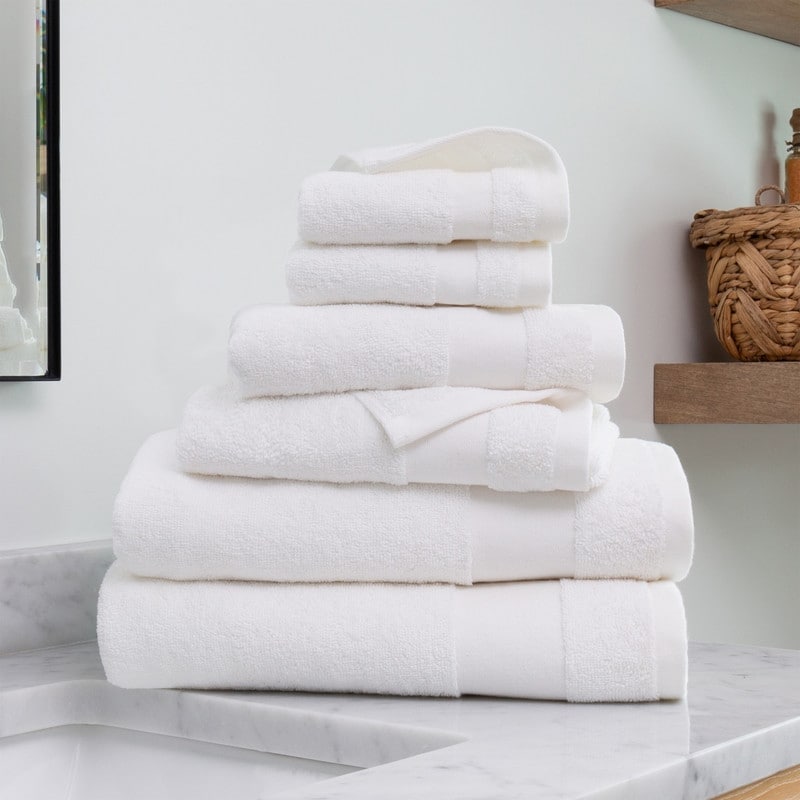 Set of 6 bath towels: white and taupe: 30X50 courtesy towels; 50X90 basin;  70X140 cm shower