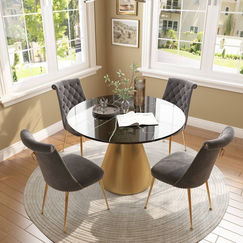 48" Marble Top Metal Dining Table with Velvet Dining Chair Set