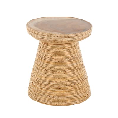 Banana Leaf Handmade Woven Accent Table with Wooden Tabletop - Brown - Roche River Decor - 16"W x 16"L x 19"H