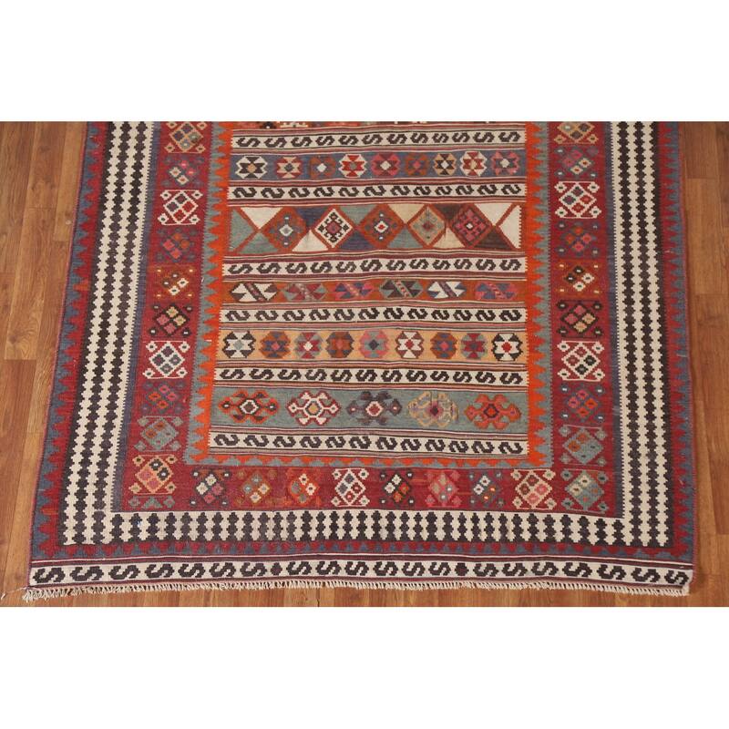 Tribal Kilim Qashqai Persian Antique Area Rug Hand-Woven Wool Carpet - 5'5"x 9'6"