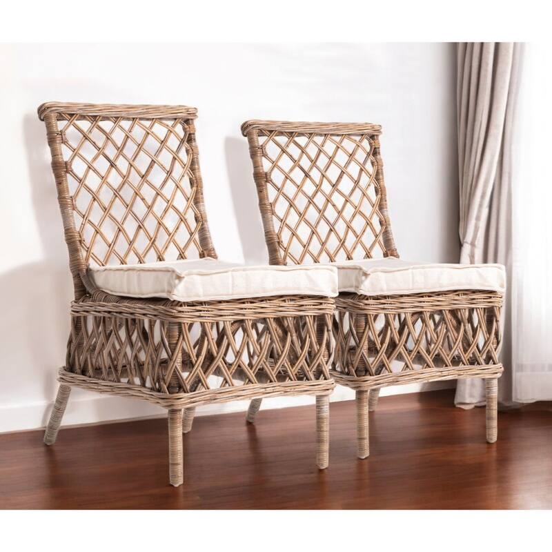 Set of 2 Rattan Parsons Dining Chairs with Cream Cushions and Natural Cross Back for Dining or Lounge