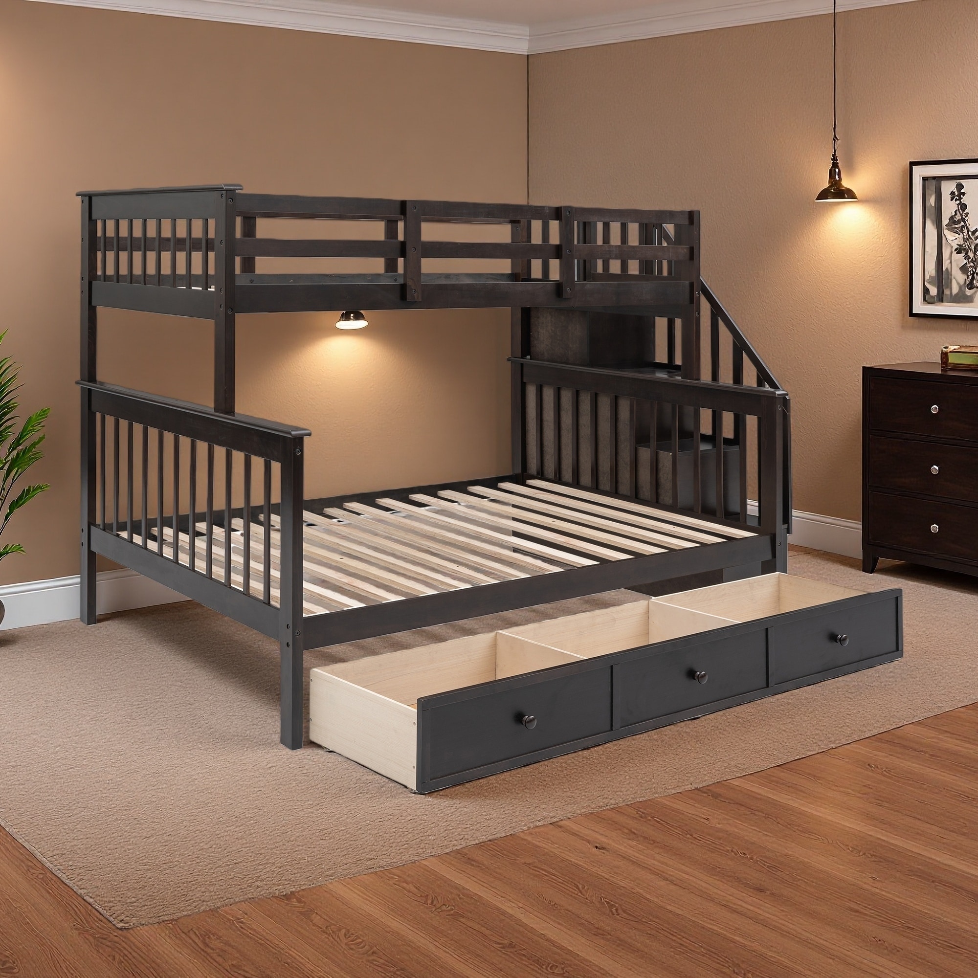Twin over Full Solid Wood Bunk Bed with Storage Staircase & Drawer