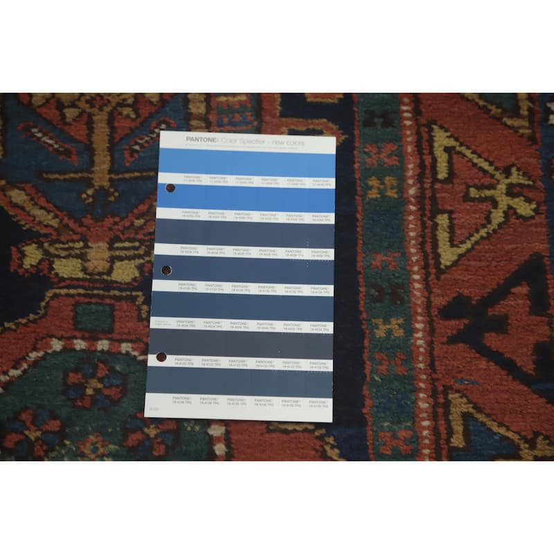 Hand Knotted Oriental 100% Wool Carpet Traditional Geometric Navy Blue & Blues Heriz (serapi) Runner Rug - 11' 0'' X 2' 11''