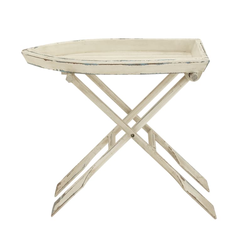 Wood Boat Shaped Tray Top Accent Table with Oar Inspired Legs - White - Roche River Decor