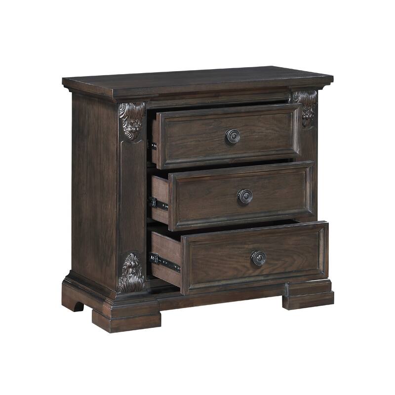 Walz Nightstand, 3 Drawers, Espresso Brown Oak Veneer, Black Knobs