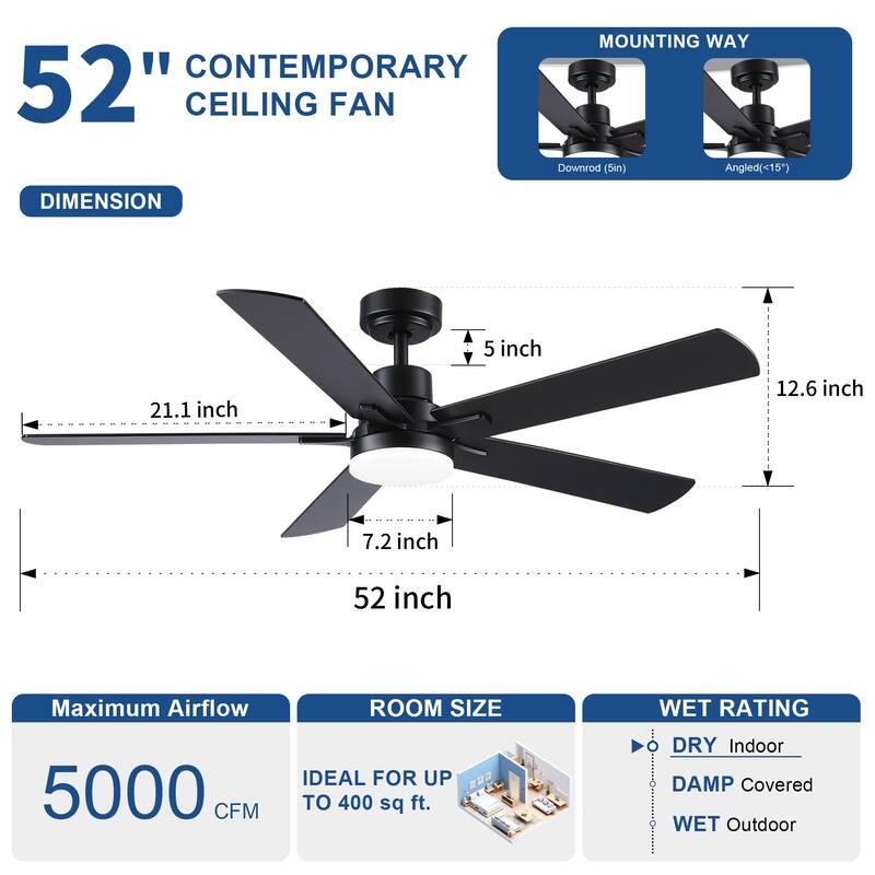 YUHAO Kaleido 52 in. Indoor Matte Black 3-Colors Integrated LED 6-Speeds Ceiling Fans with Dual-Finish Blades and Remote Control