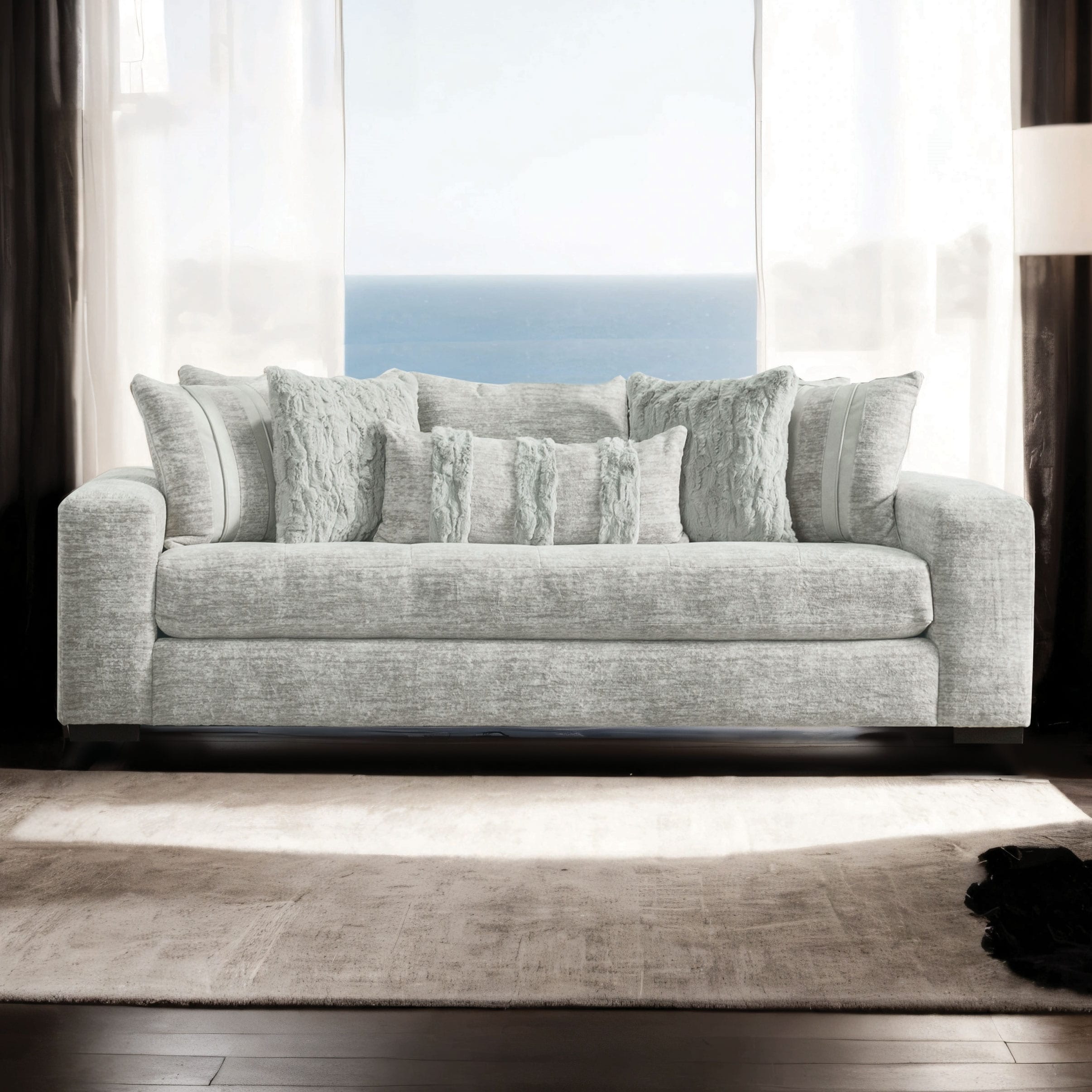 Furniture of America Rilsa USA Made 3-Seater Grey Upholstered Sofa with Pillows