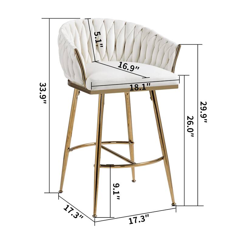 26'' Counter Height Bar Stools Set of 2 Kitchen Island Counter Bar Stool with Hand- Wave Back, Golden Chromed Base and Footrest