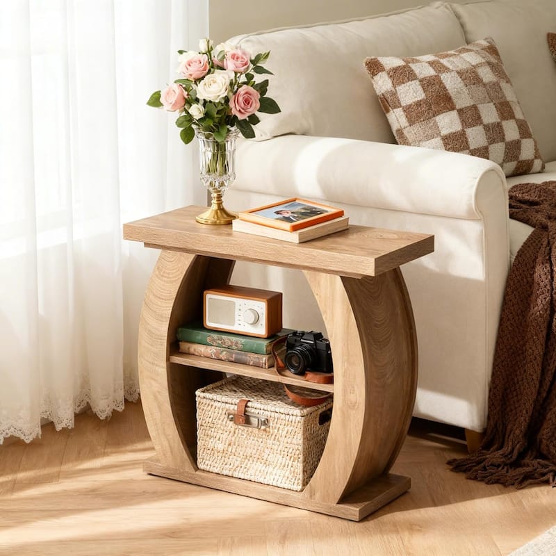 3-Tier Wooden End Table with Curved Frame, Farmhouse Narrow Bedside Table Side Table