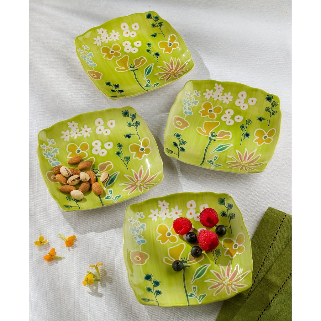 Euro Ceramica Primavera 4 Piece Handpainted Stoneware Canape Plate Set - 6.3 in. x 6.3 in. x 0.79 in.