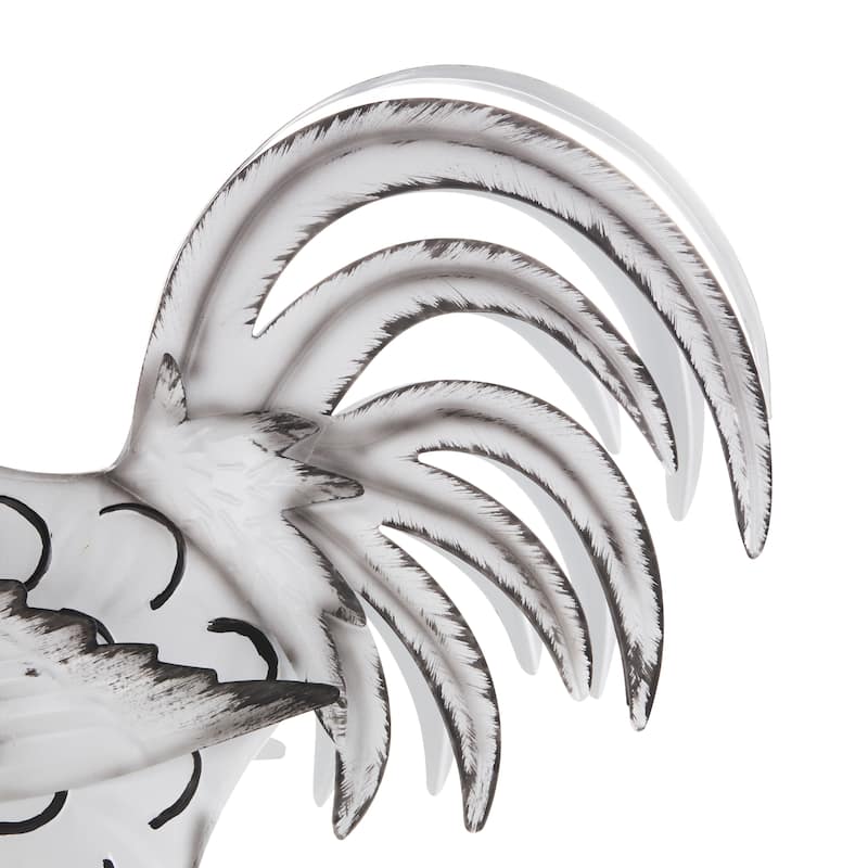 White Metal Rooster Garden Sculpture with Black Texturing and Red Accents