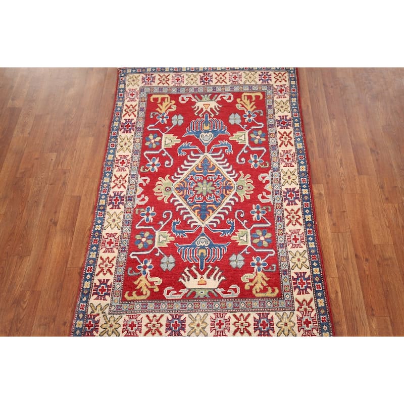 Red Geometric Kazak Oriental Foyer Rug Handmade Wool Carpet - 3'3" x 5'1"