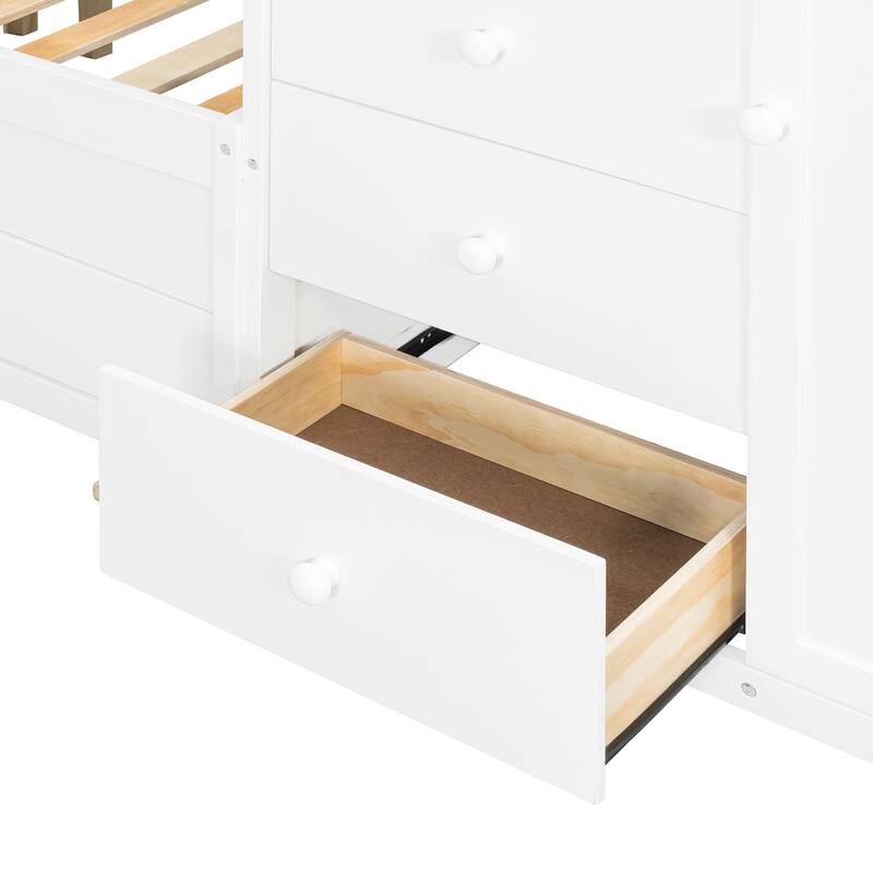 Full Size Bunk Bed with 2 Large Drawers & 5 Small Drawers, MDF & Solid Wood Construction
