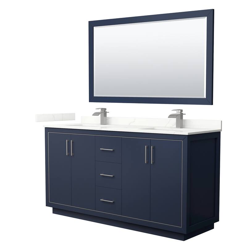 Wyndham Collection WCF111166D-QTZ-UNSM58 Icon 66" Free Standing Double - Dark Blue / Giotto Quartz Top / Brushed Nickel