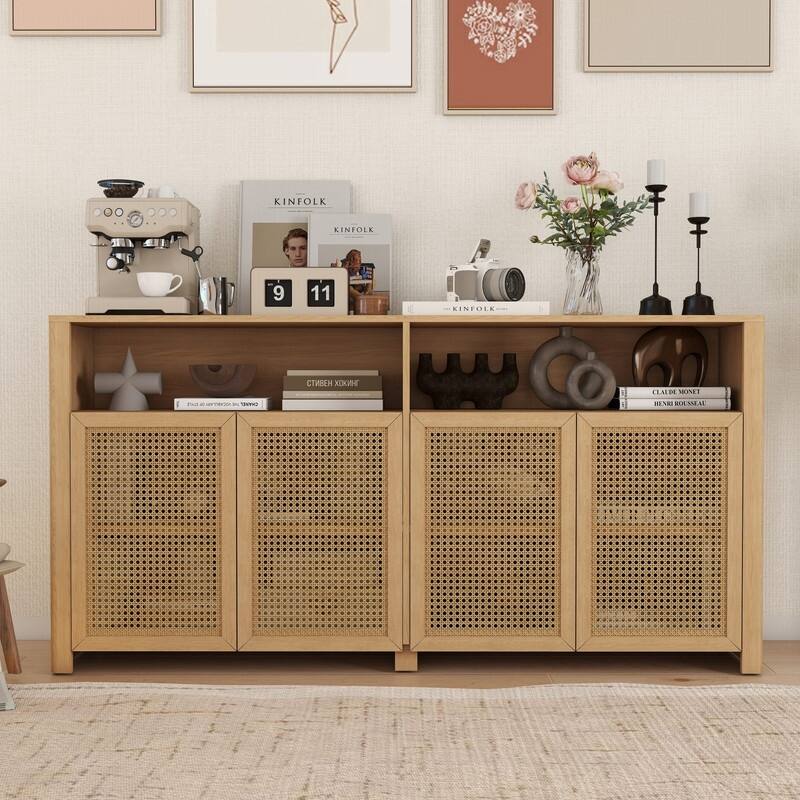 Mid Century Modern 63" Wide 4 - Cane Rattan Door Storage Sideboard with Open Shelf, Wine Bar Credenza for Living Room Entryway - Natural