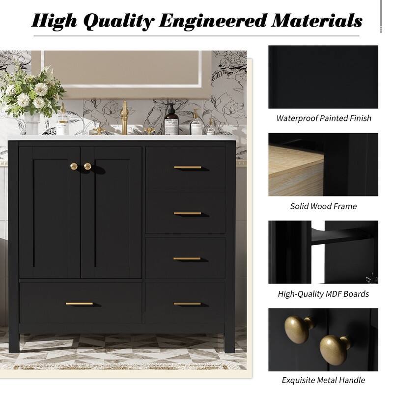 36'' Bathroom Vanity with Ceramic Sink Combo,Freestanding Vanity Set with 4 Drawers& Soft Closing Doors, Black