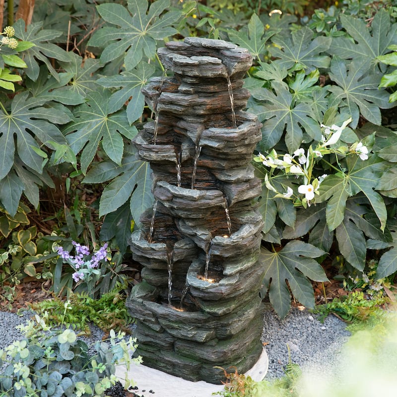 Glitzhome 39.25"H 9-Tiered Cascading Rock Polyresin Outdoor Fountain with Pump and LED Light