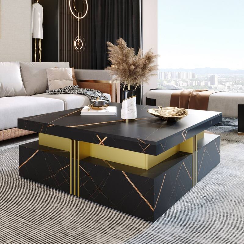 43.3" W Square Storage Coffee Table with 4 Drawers - Black