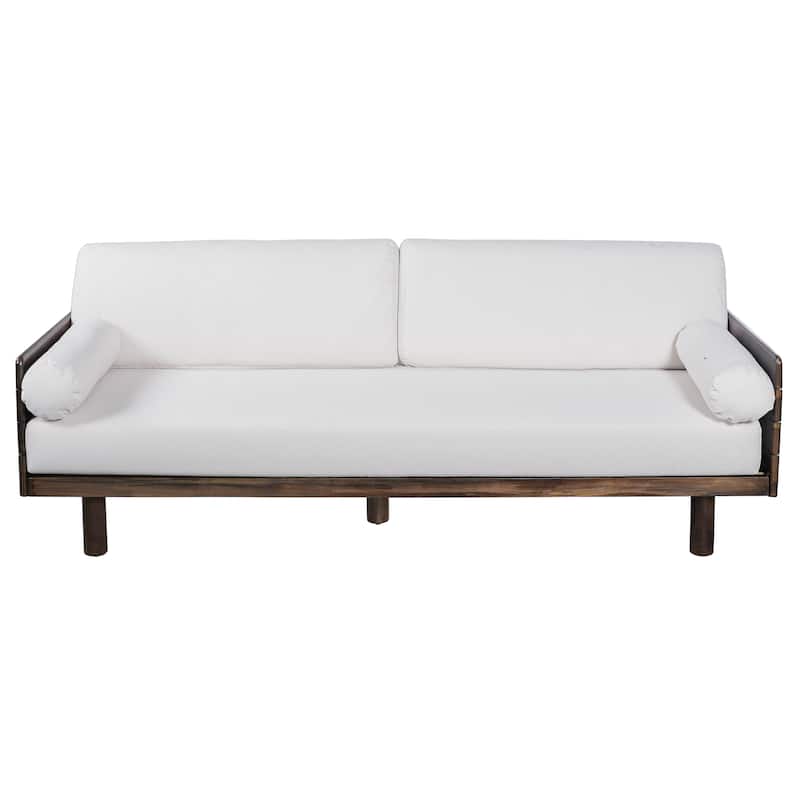 Christopher Knight Home - Mid-Century Acacia Wood Outdoor 3-Seater Patio Sofa with Water-Resistant Cushions and Bolster Pillows