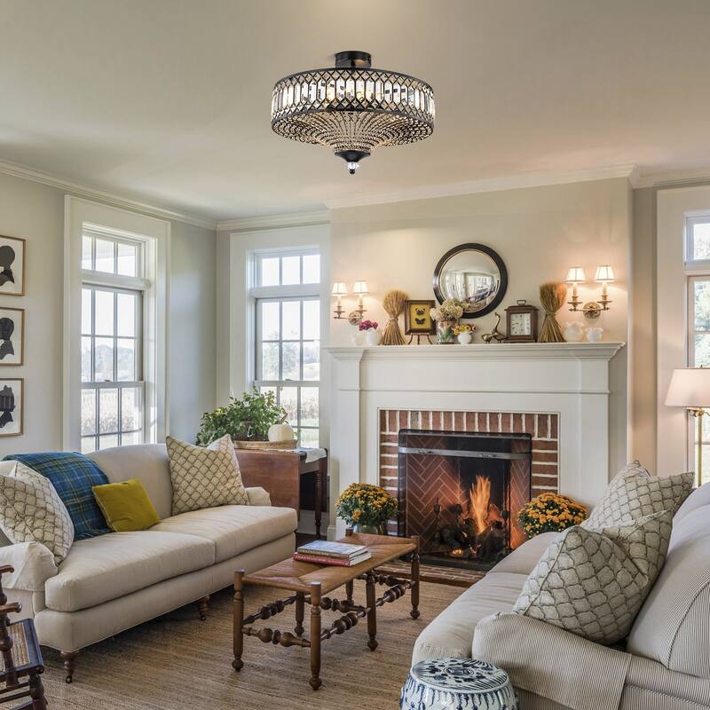 6 Light Matte Black Crystal Semi Flush Mount Ceiling Light Fixture - W19.6"