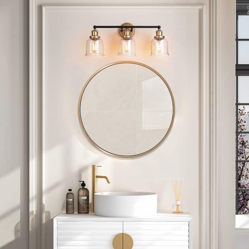 Mid-century Modern Black Gold Bathroom Vanity Lights with Clear Bell Glass for Powder Room - L 21.5" x W 7.5" x H 10"